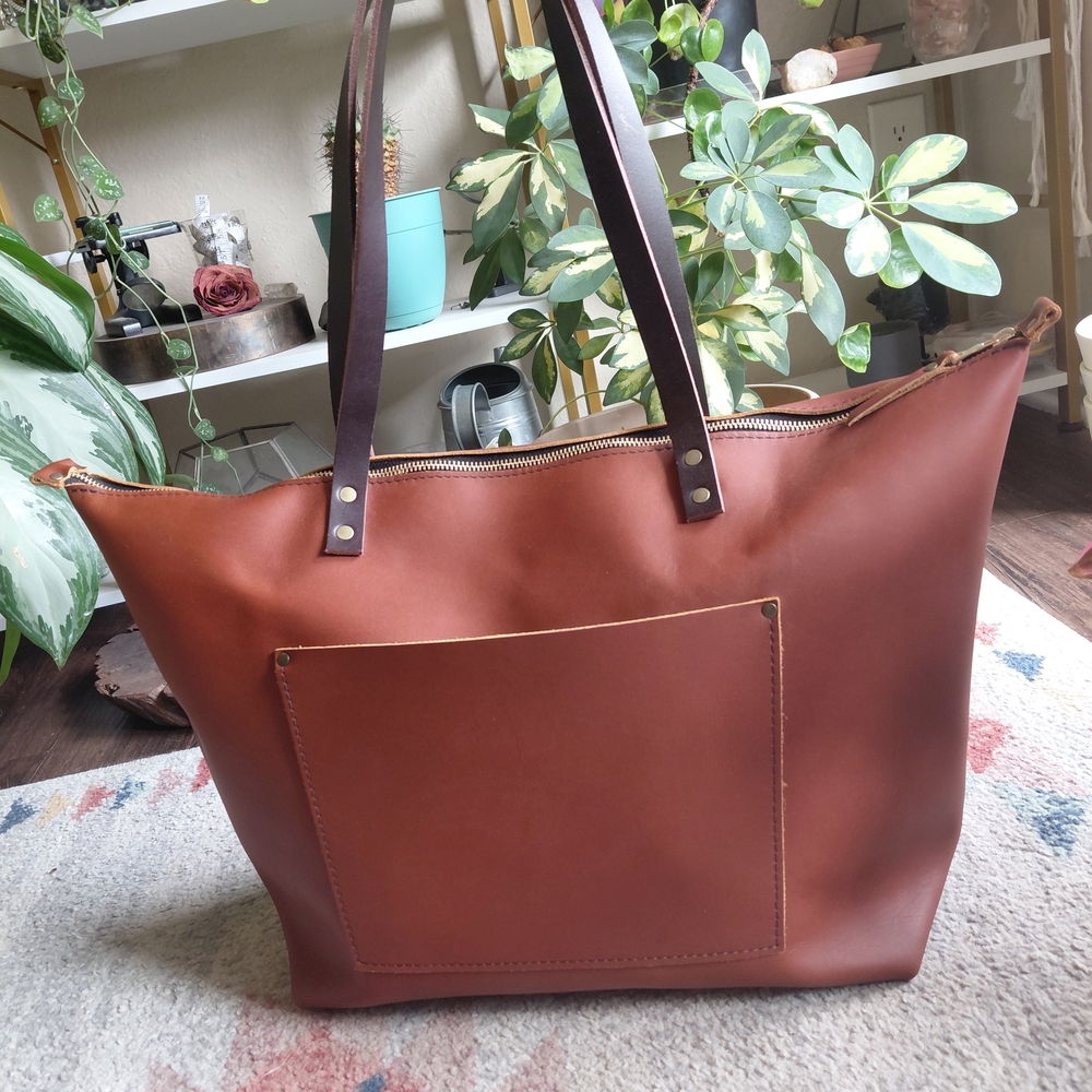 Portland Leather Premium Honey Oversized Zipper Brown Leather Tote Bag